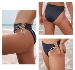 Ziah Goulue High Rise Side Tie Detail Gray White Pinstripe Bikini Bottom Size 12